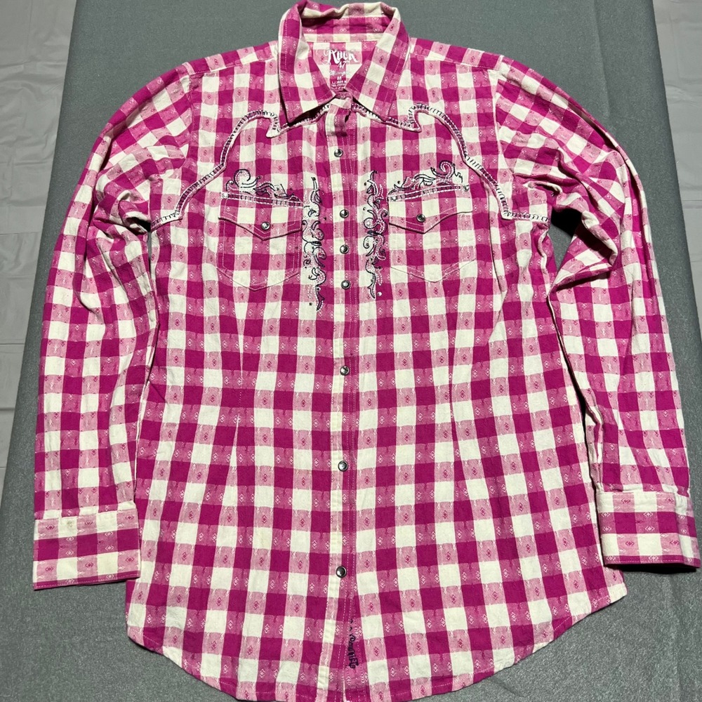 Rock 47 by Wrangler Womens Pink Gingham Plaid Western Snap Shirt Embroidery M